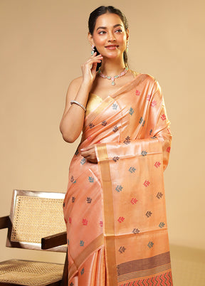 Peach Handloom Tussar Pure Silk Saree With Blouse Piece