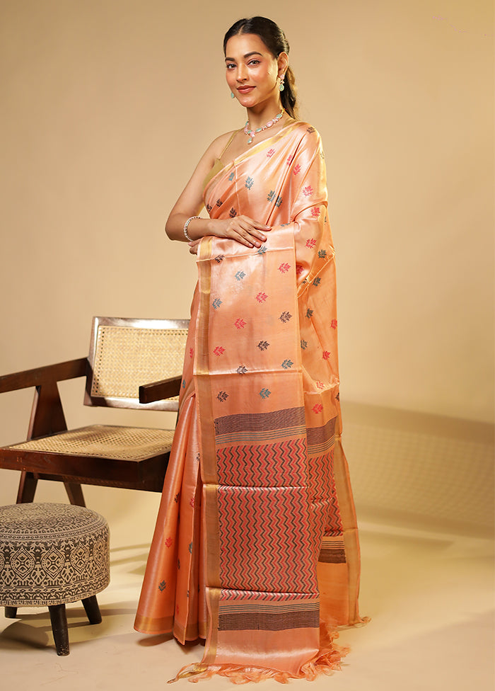 Peach Handloom Tussar Pure Silk Saree With Blouse Piece