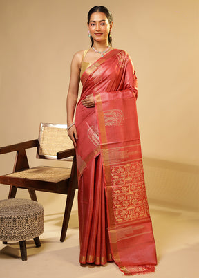 Pink Handloom Tussar Pure Silk Saree With Blouse Piece