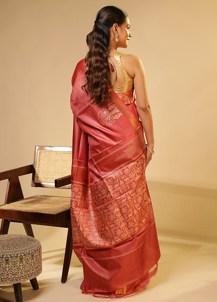 Pink Handloom Tussar Pure Silk Saree With Blouse Piece