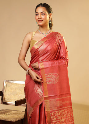 Pink Handloom Tussar Pure Silk Saree With Blouse Piece