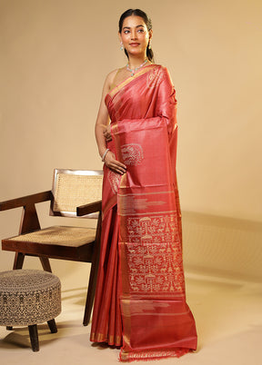 Pink Handloom Tussar Pure Silk Saree With Blouse Piece