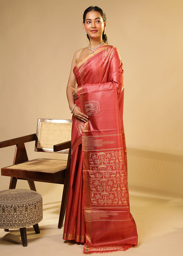 Pink Handloom Tussar Pure Silk Saree With Blouse Piece