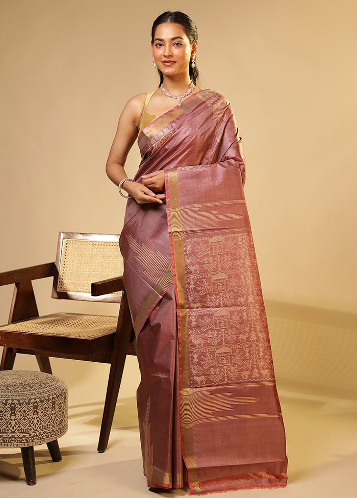 Purple Handloom Tussar Pure Silk Saree With Blouse Piece
