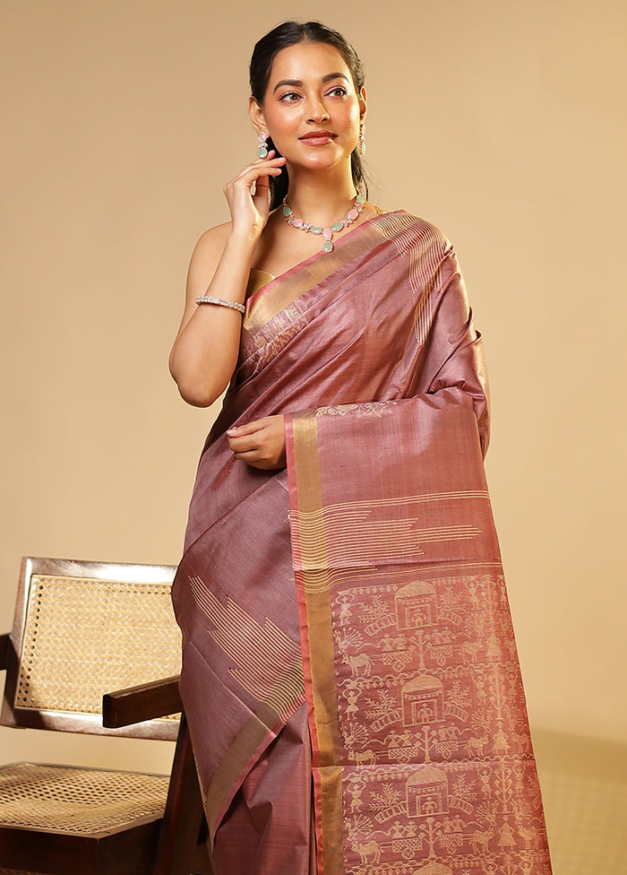 Purple Handloom Tussar Pure Silk Saree With Blouse Piece