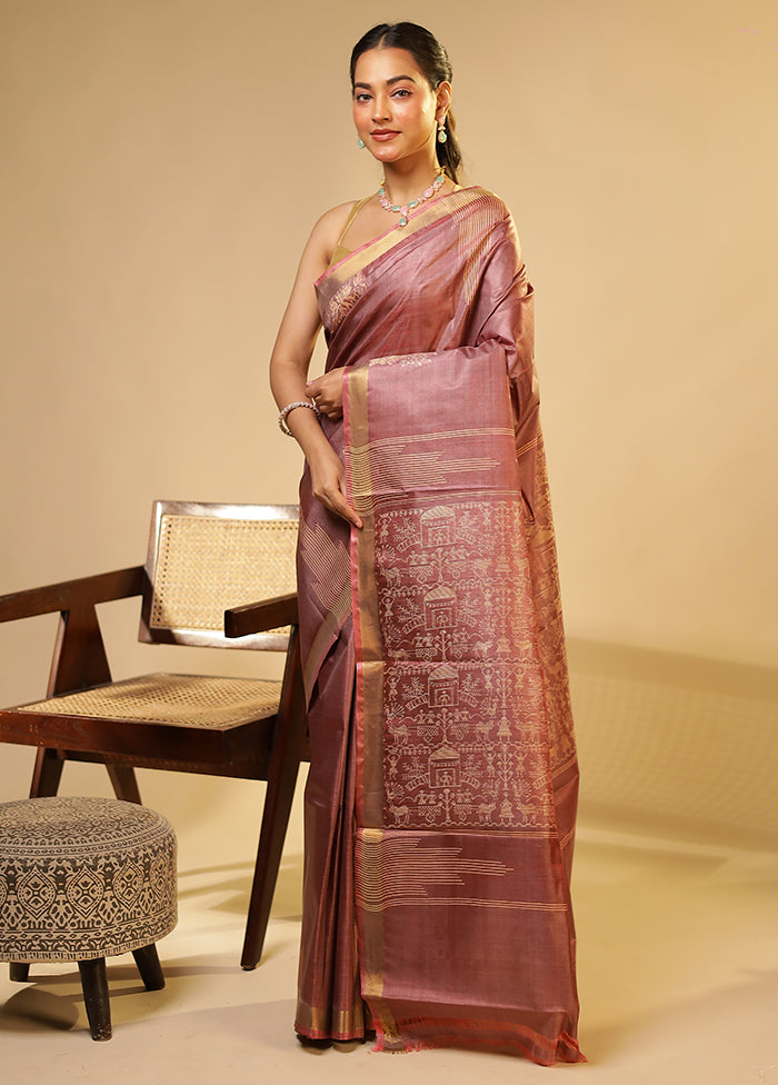 Purple Handloom Tussar Pure Silk Saree With Blouse Piece