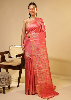 Pink Handloom Tussar Pure Silk Saree With Blouse Piece