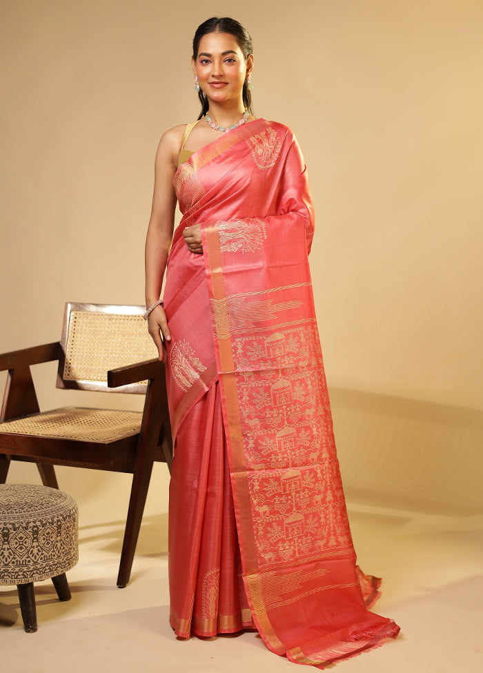 Pink Handloom Tussar Pure Silk Saree With Blouse Piece