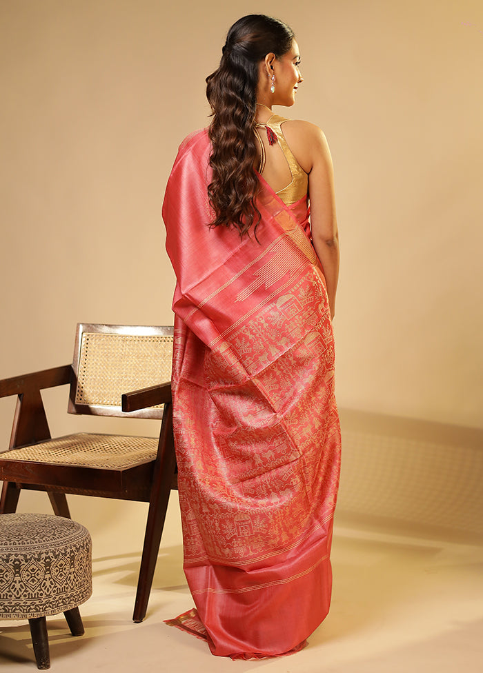 Pink Handloom Tussar Pure Silk Saree With Blouse Piece