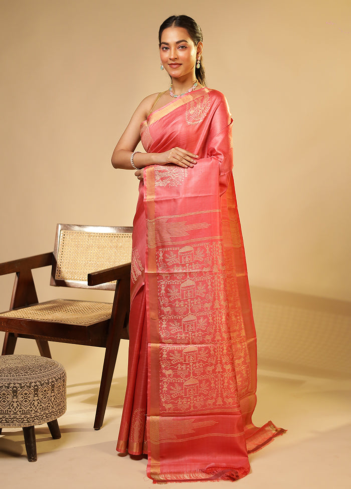 Pink Handloom Tussar Pure Silk Saree With Blouse Piece