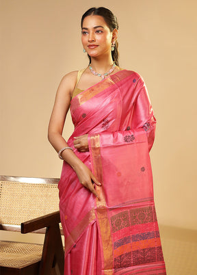 Pink Handloom Tussar Pure Silk Saree With Blouse Piece