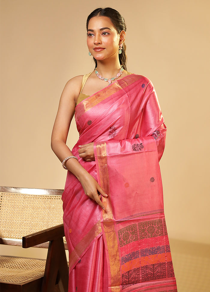 Purple Handloom Tussar Pure Silk Saree With Blouse Piece