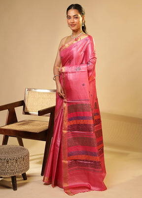 Pink Handloom Tussar Pure Silk Saree With Blouse Piece
