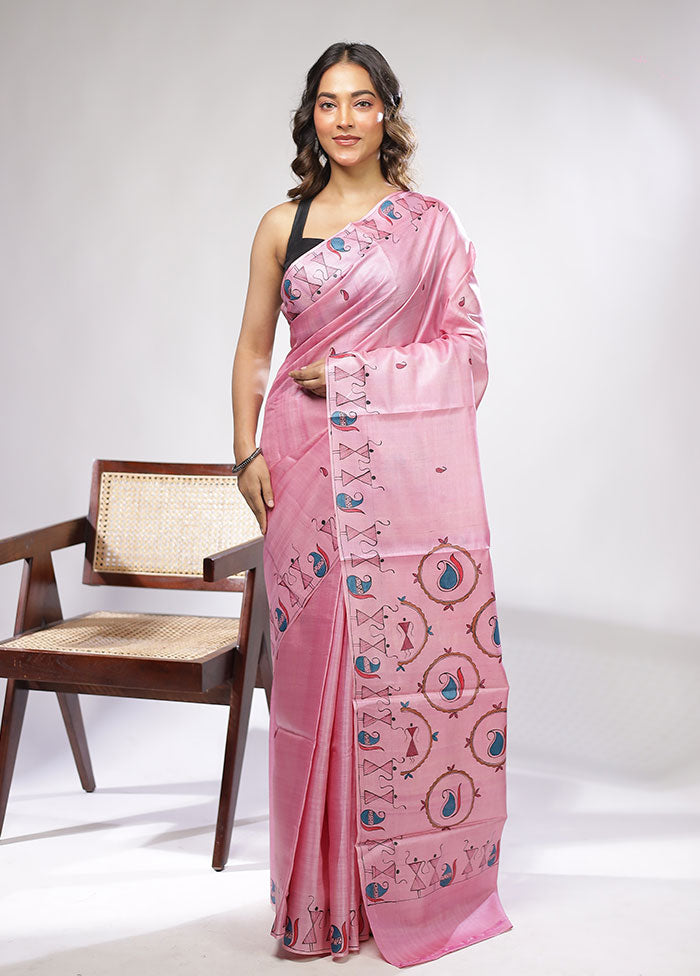 Pink Handloom Tussar Pure Silk Saree With Blouse Piece