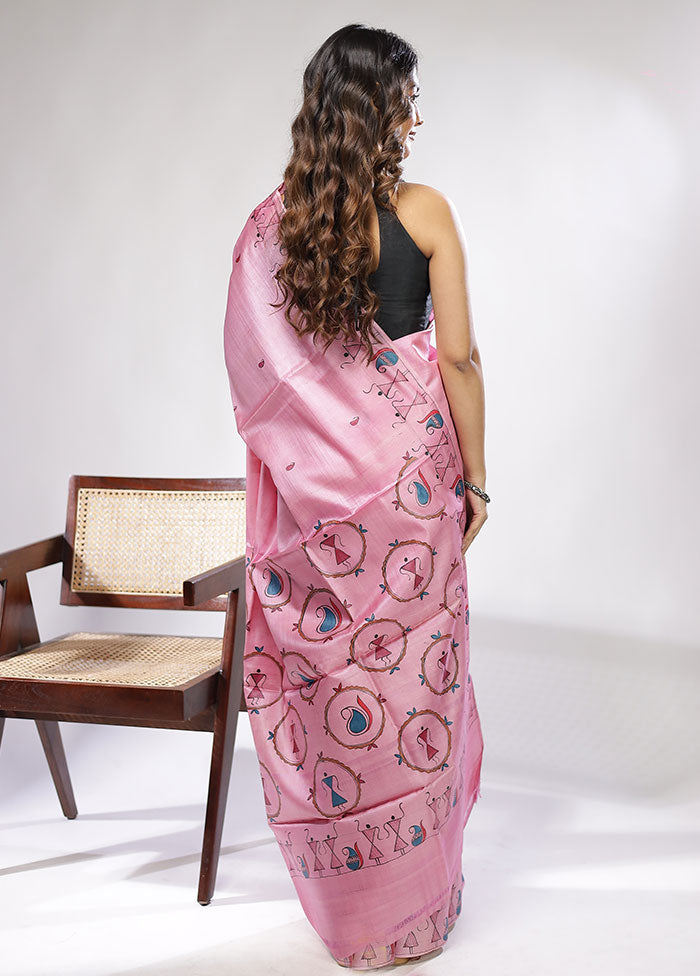 Pink Handloom Tussar Pure Silk Saree With Blouse Piece