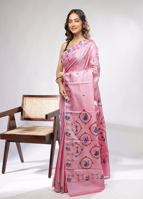Pink Handloom Tussar Pure Silk Saree With Blouse Piece