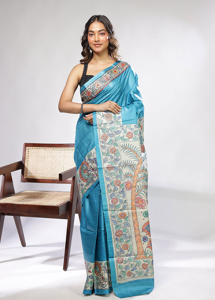 Blue Handloom Tussar Pure Silk Saree With Blouse Piece