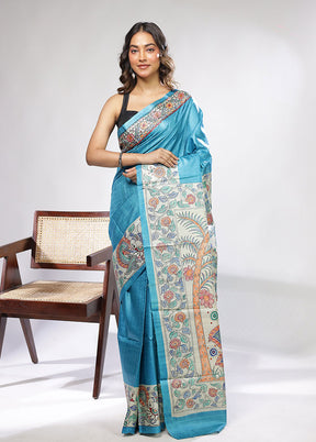 Blue Handloom Tussar Pure Silk Saree With Blouse Piece