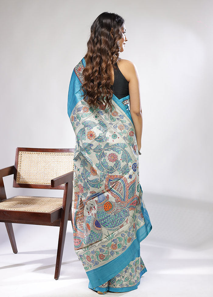 Blue Handloom Tussar Pure Silk Saree With Blouse Piece