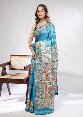 Blue Handloom Tussar Pure Silk Saree With Blouse Piece