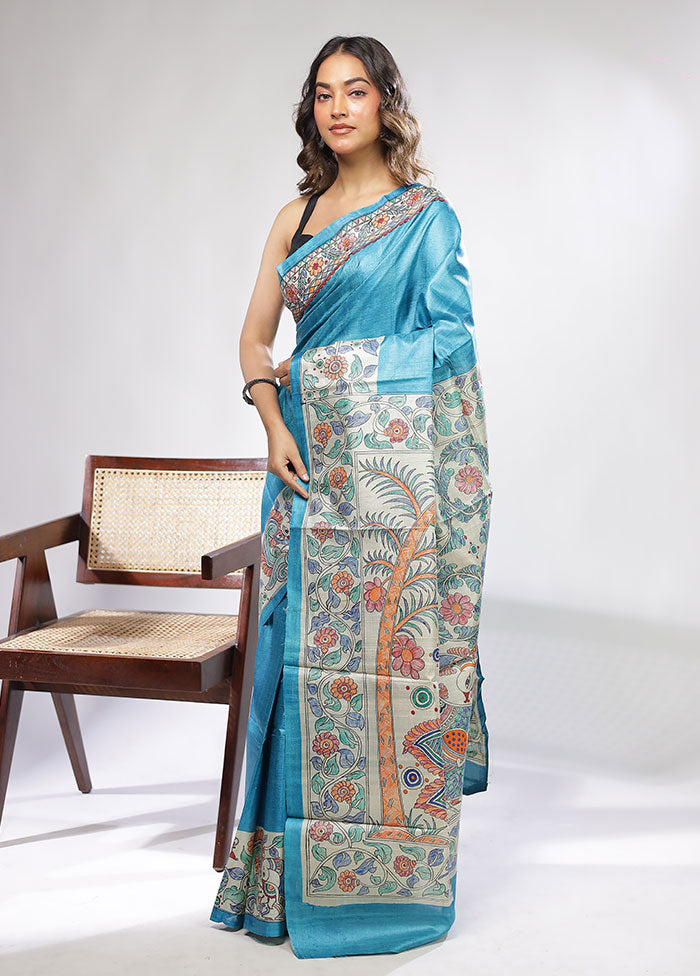 Blue Handloom Tussar Pure Silk Saree With Blouse Piece