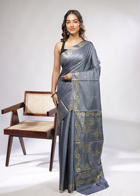 Grey Handloom Tussar Pure Silk Saree With Blouse Piece