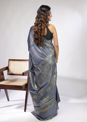 Grey Handloom Tussar Pure Silk Saree With Blouse Piece