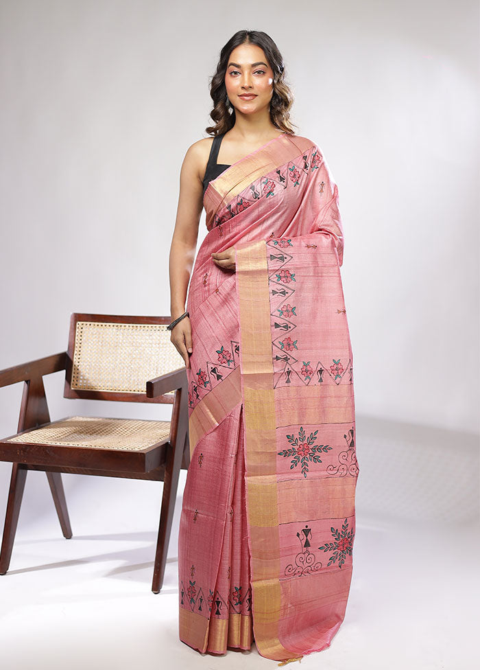 Pink Handloom Tussar Pure Silk Saree With Blouse Piece