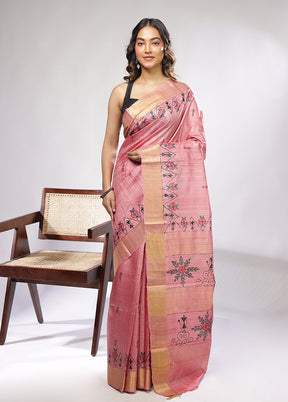 Pink Handloom Tussar Pure Silk Saree With Blouse Piece