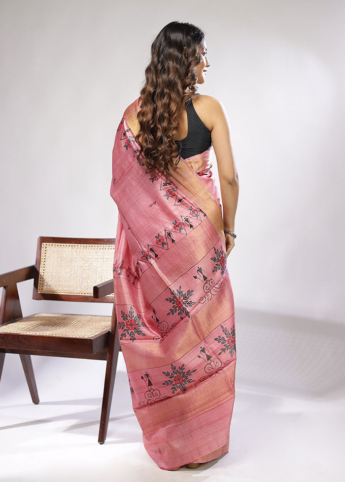 Pink Handloom Tussar Pure Silk Saree With Blouse Piece