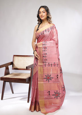Pink Handloom Tussar Pure Silk Saree With Blouse Piece
