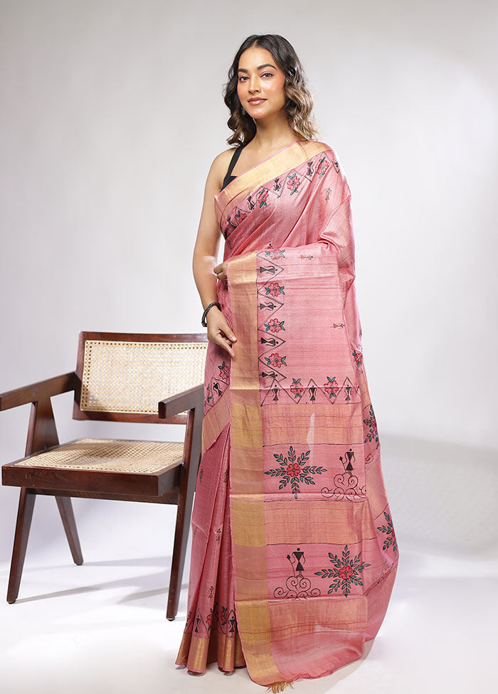 Pink Handloom Tussar Pure Silk Saree With Blouse Piece