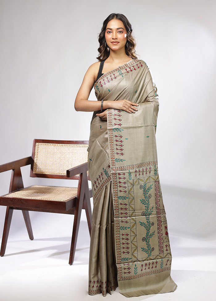 Cream Handloom Tussar Pure Silk Saree With Blouse Piece