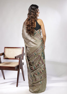 Cream Handloom Tussar Pure Silk Saree With Blouse Piece