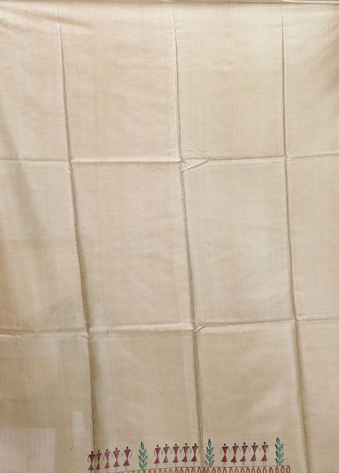 Cream Handloom Tussar Pure Silk Saree With Blouse Piece