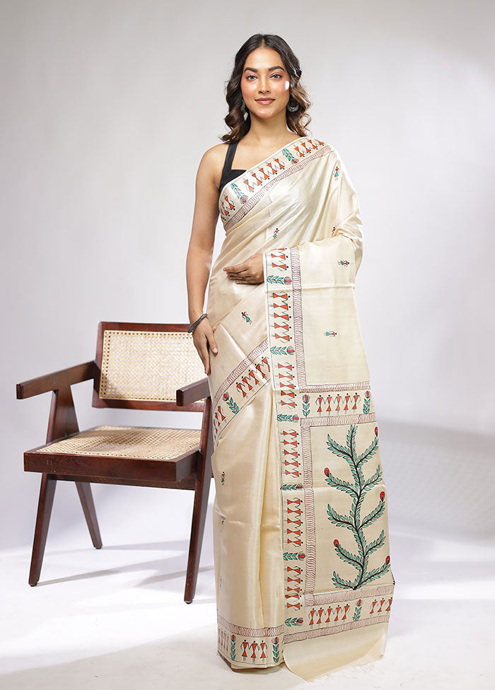 Cream Handloom Tussar Pure Silk Saree With Blouse Piece