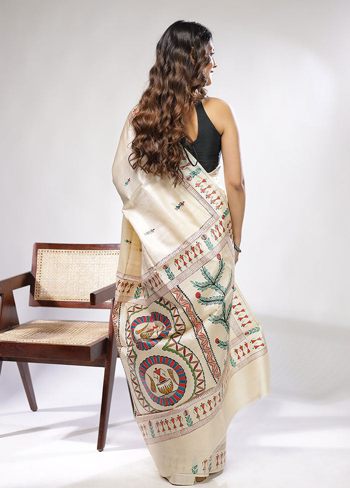 Cream Handloom Tussar Pure Silk Saree With Blouse Piece