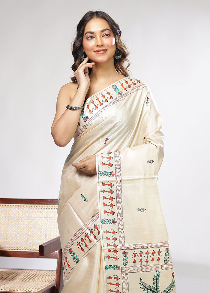 Cream Handloom Tussar Pure Silk Saree With Blouse Piece