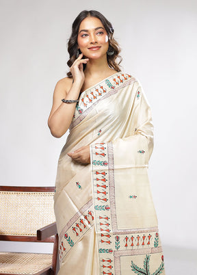 Cream Handloom Tussar Pure Silk Saree With Blouse Piece