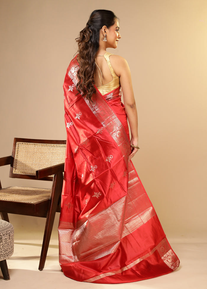 Red Dupion Silk Saree With Blouse Piece