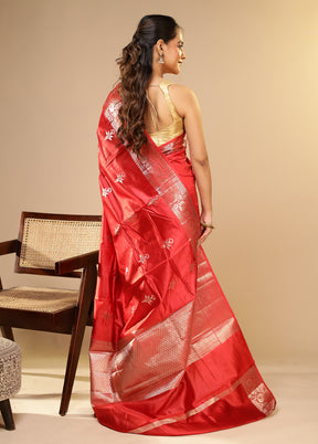 Red Dupion Silk Saree With Blouse Piece