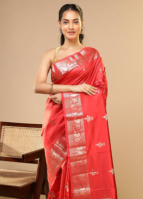 Red Dupion Silk Saree With Blouse Piece