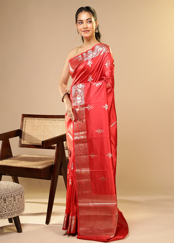 Red Dupion Silk Saree With Blouse Piece
