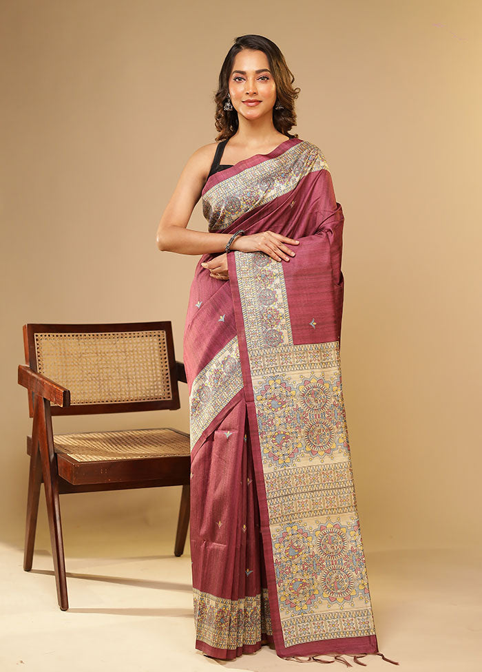 Purple Tussar Silk Saree With Blouse Piece