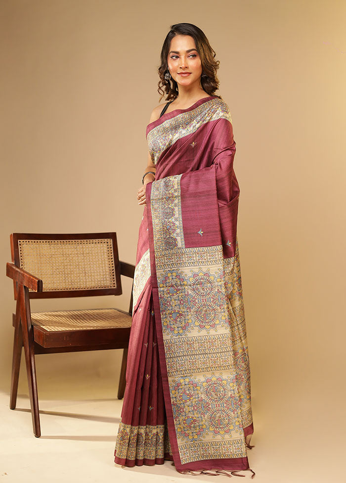 Purple Tussar Silk Saree With Blouse Piece