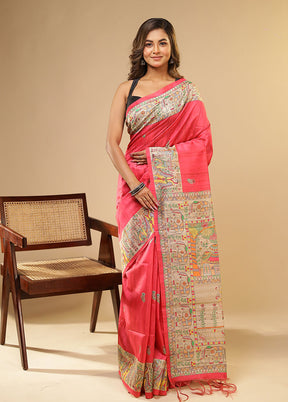 Pink Tussar Silk Saree With Blouse Piece