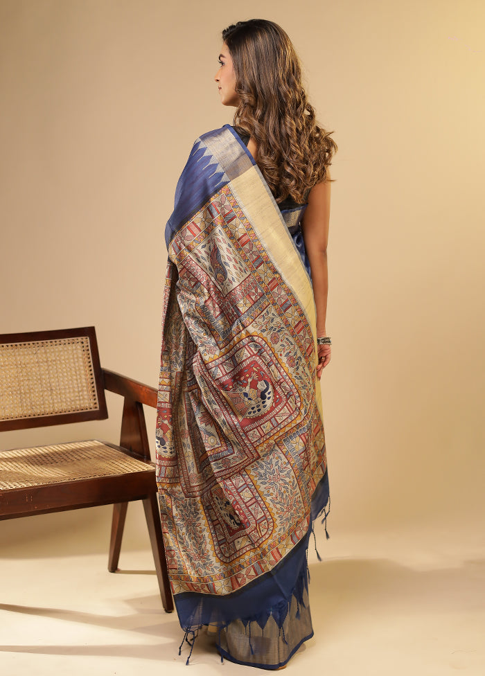 Blue Tussar Silk Saree With Blouse Piece