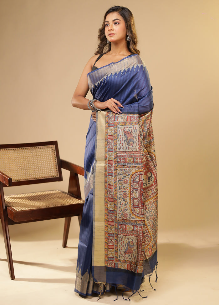 Blue Tussar Silk Saree With Blouse Piece