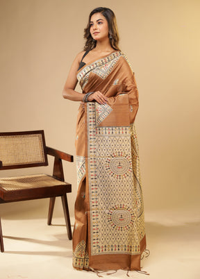 Rust Tussar Silk Saree With Blouse Piece
