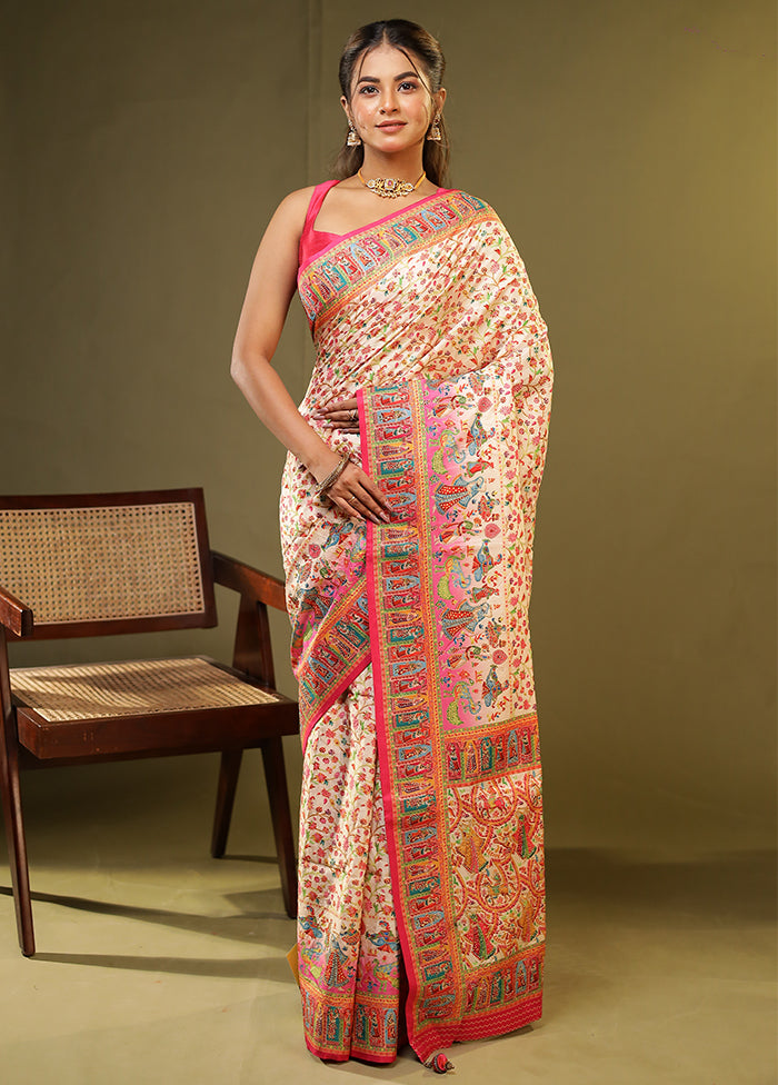 Cream Dupion Silk Saree With Blouse Piece